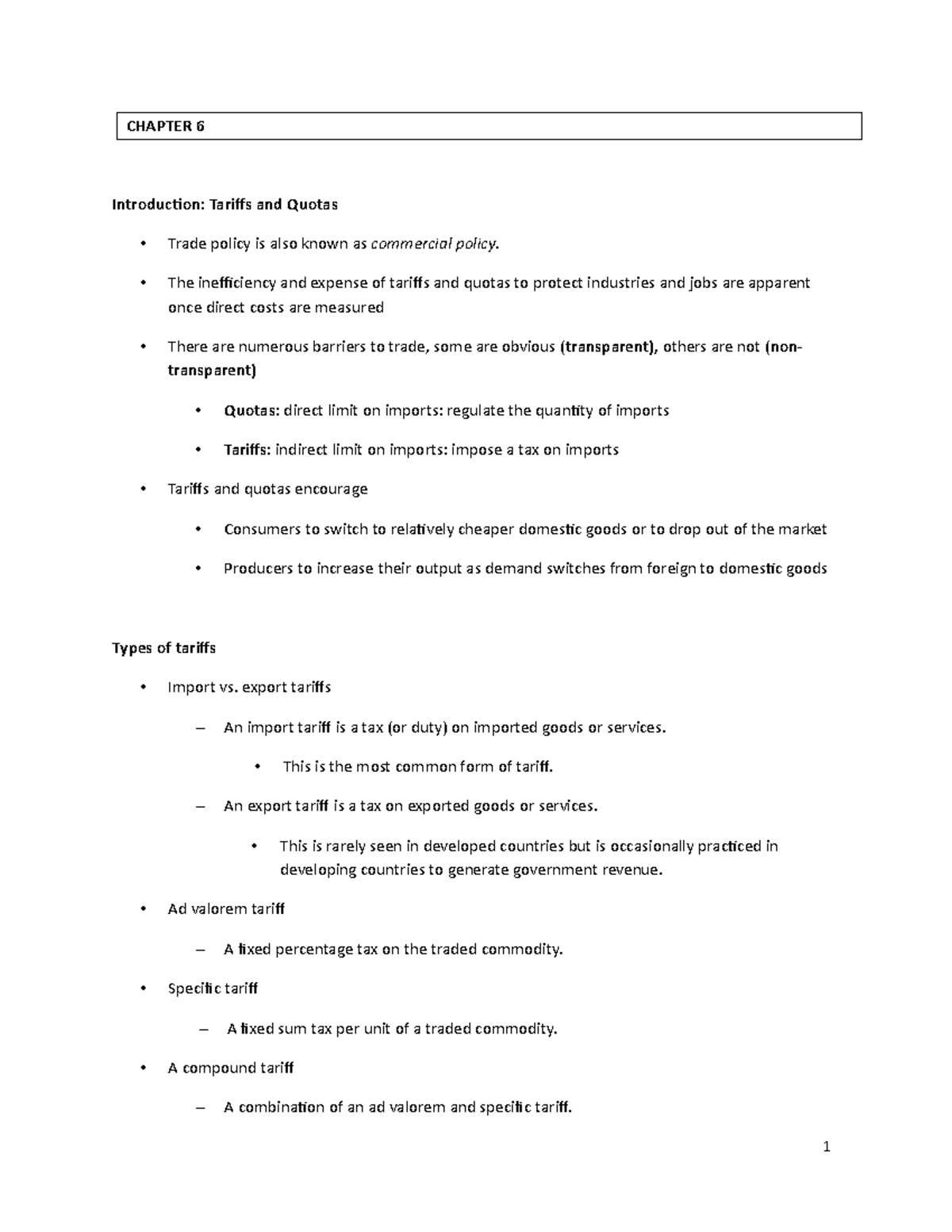 Chapter 6 - 1 CHAPTER 6 Introduction: Tariffs and Quotas Trade policy ...