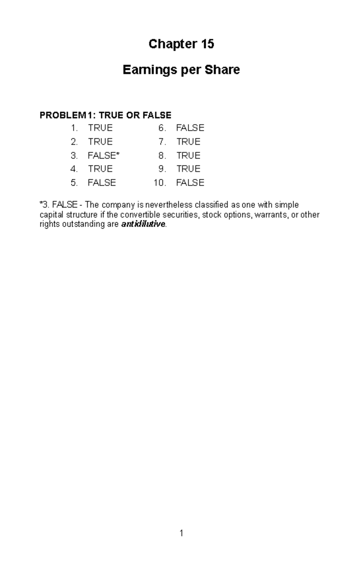 SOL. MAN. Chapter 15 EPS - Chapter 15 Earnings Per Share PROBLEM 1 ...