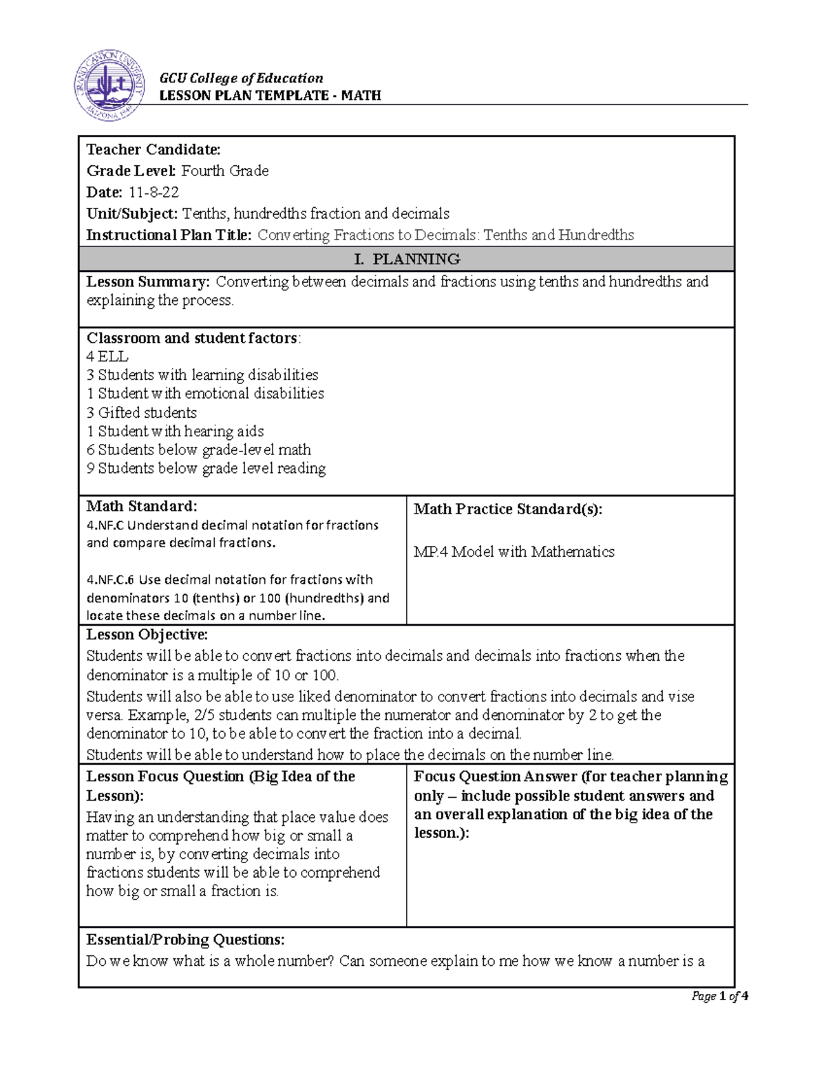 Lesson Plan Template - MATH - GCU College of Education LESSON PLAN ...