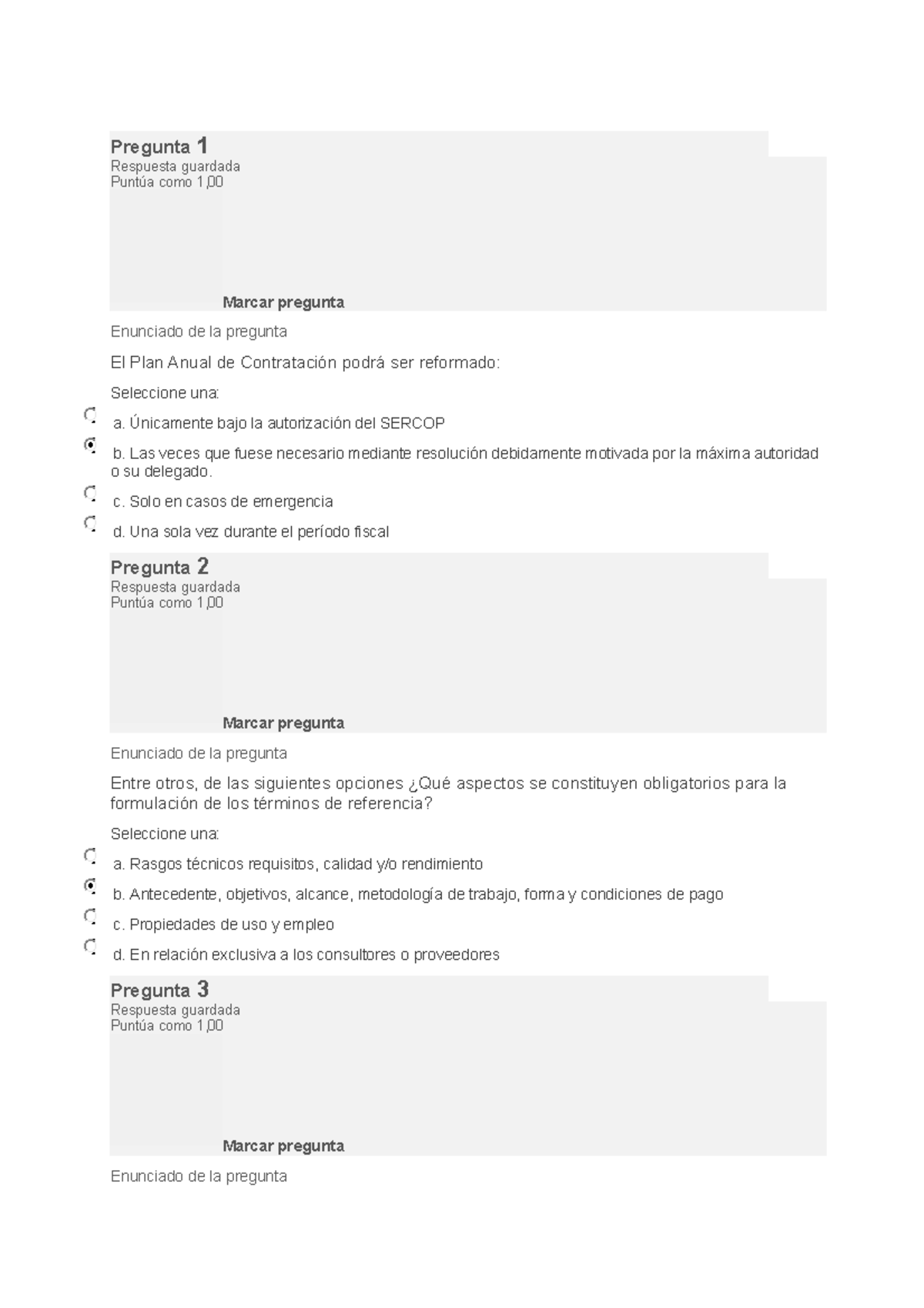 Examen 4 - Sercop - Pregunta 1 Respuesta Guardada Puntúa Como 1, Marcar ...