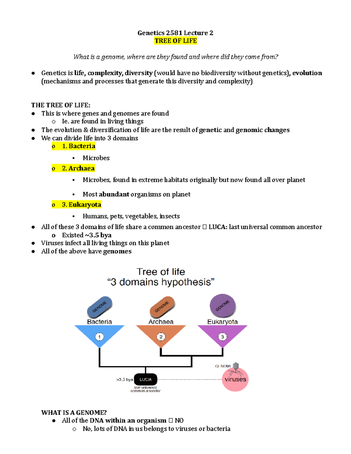 Genetics Lectures Notes - Genetics 2581 Lecture 2 TREE OF LIFE What Is ...