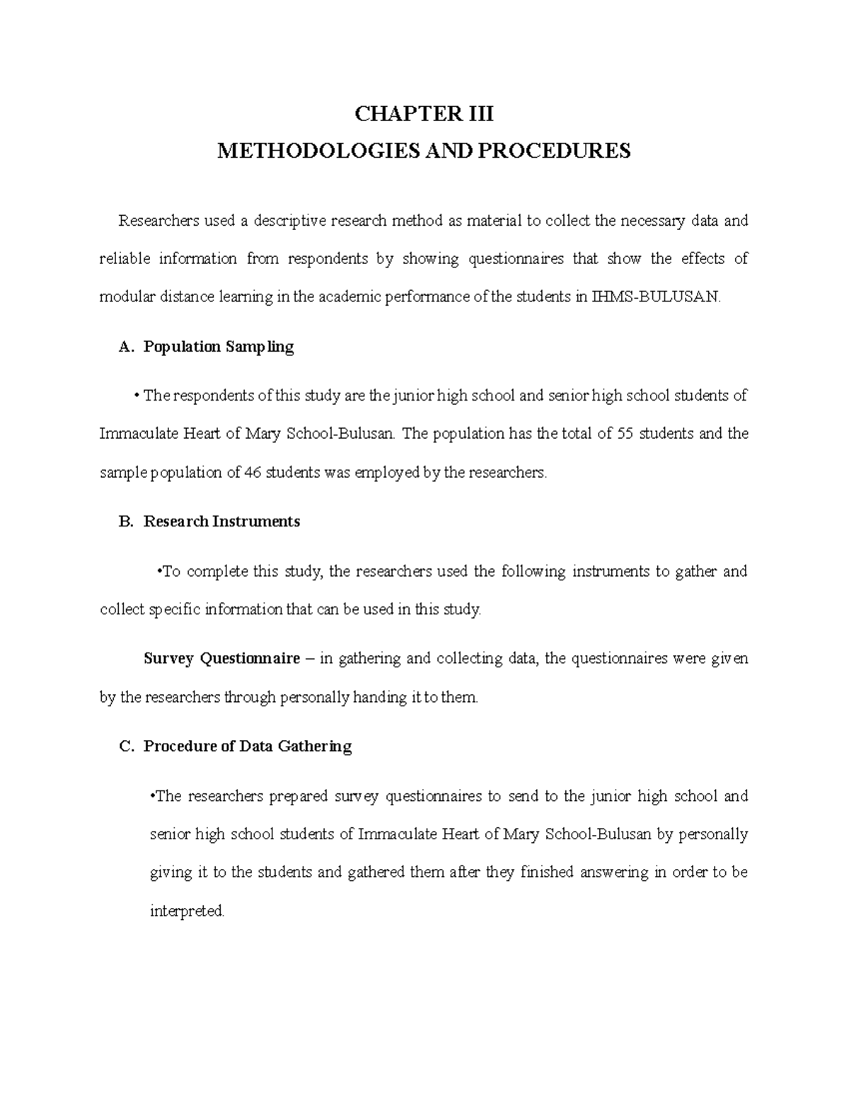 Chapter 3 - CHAPTER III METHODOLOGIES AND PROCEDURES Researchers used a ...