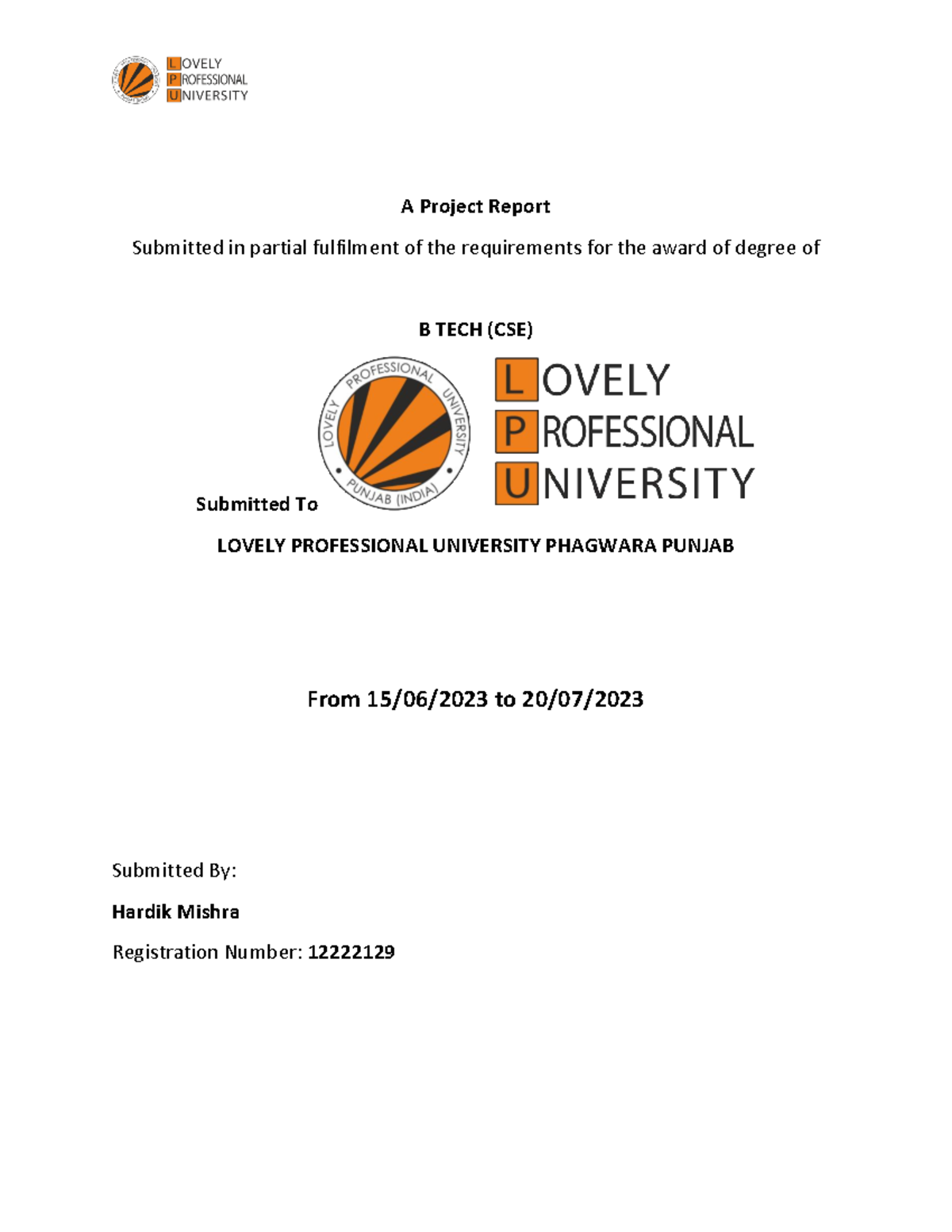 CDP Report Final - A Project Report Submitted in partial fulfilment of ...