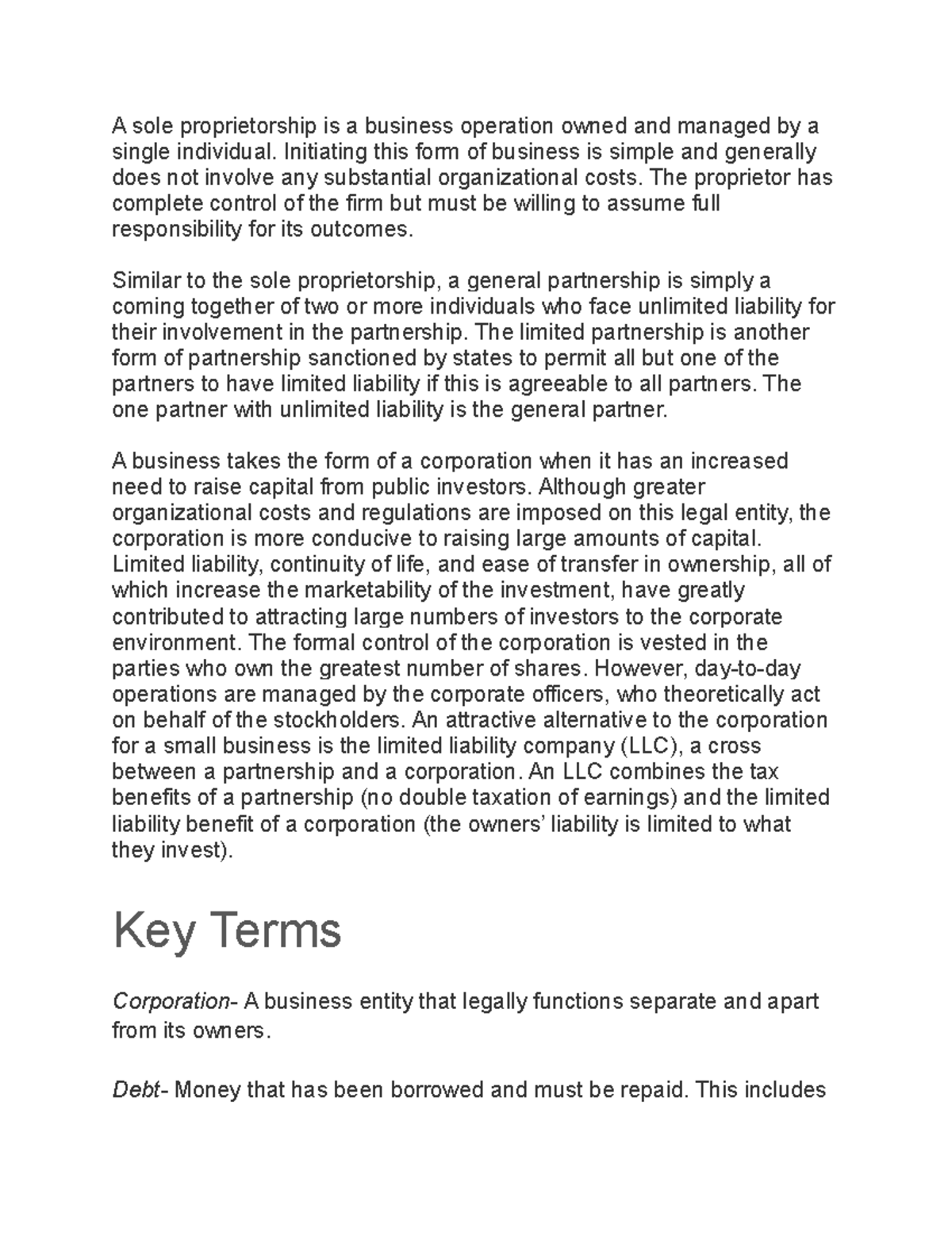 MT217 Unit 1 Studynotes A sole proprietorship is a business operation