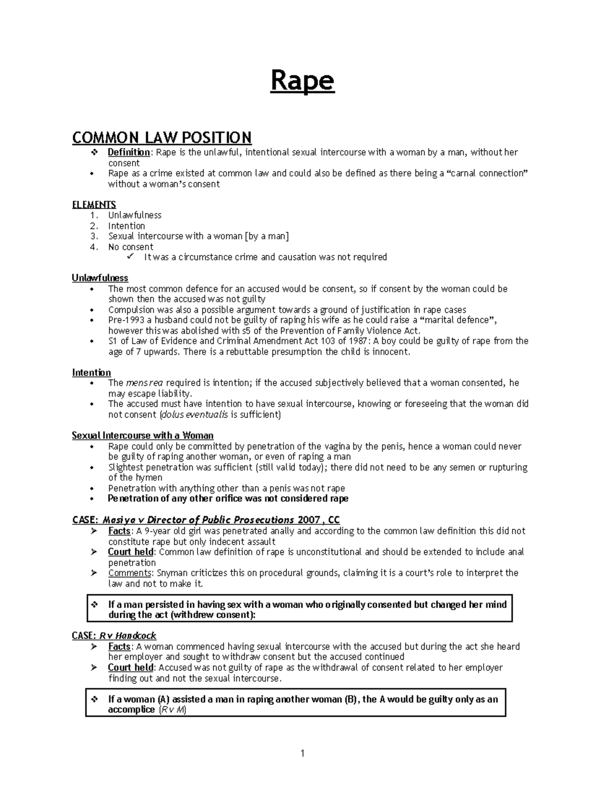 20CR - Rape - Summary of the topic. - Rape COMMON LAW POSITION ...
