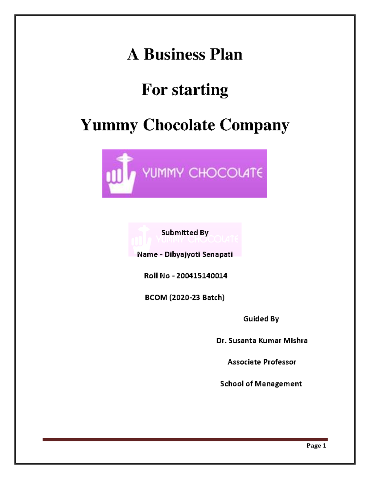 A Business Plan For starting Yummy Choco A Business Plan For starting