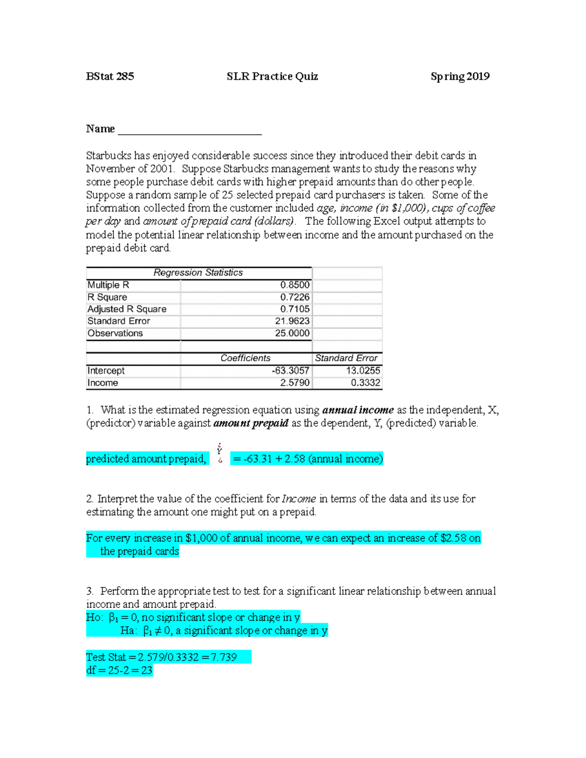 Stats regression practice quiz key - BStat 285 SLR Practice Quiz Spring ...