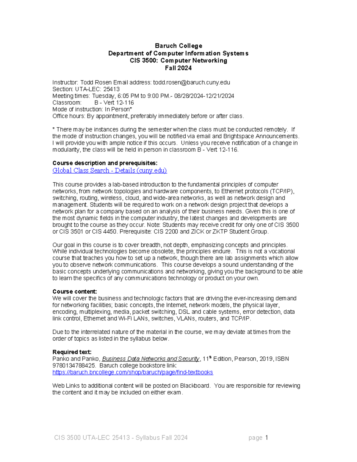 CIS3500 Syllabus Fall 2024 - Baruch College Department of Computer ...