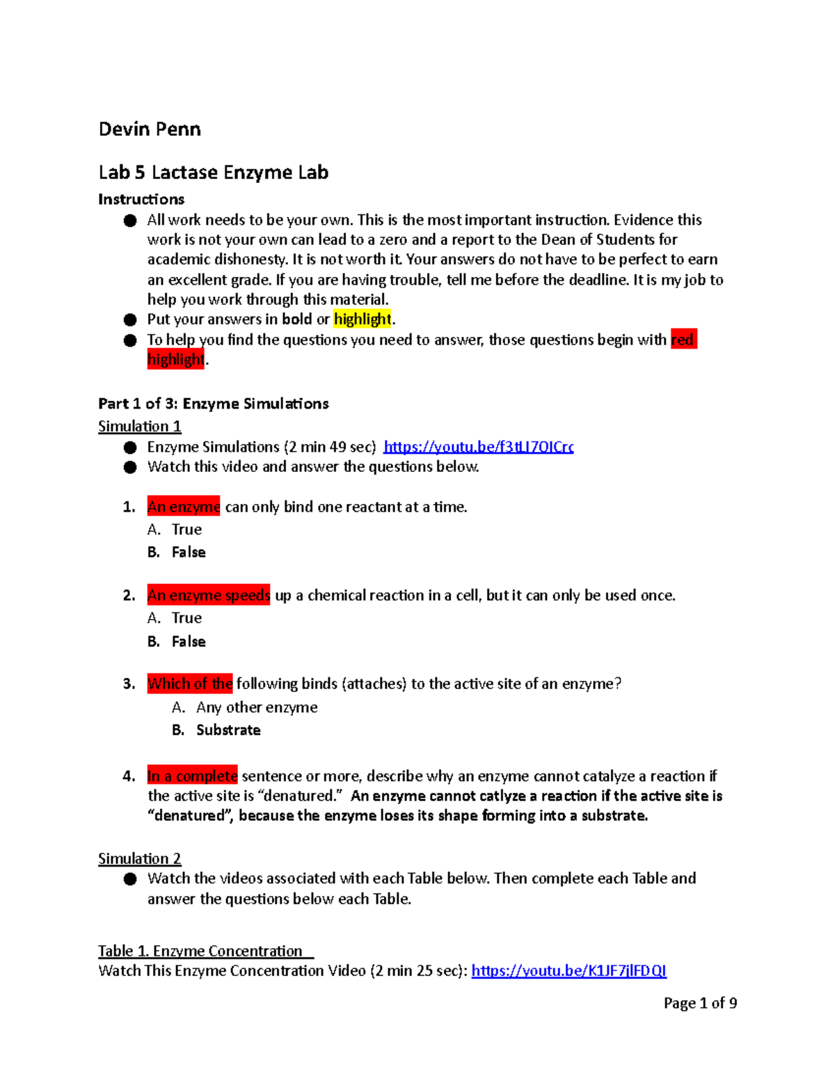 BIOL1110 Online Lab 5 Lactase Enzyme Devin Penn Lab 5 Lactase Enzyme