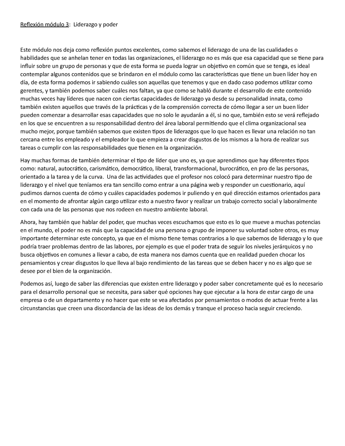 Reflexión Módulo 3 Liderazgo y Poder - Relexión módulo 3: Liderazgo y ...