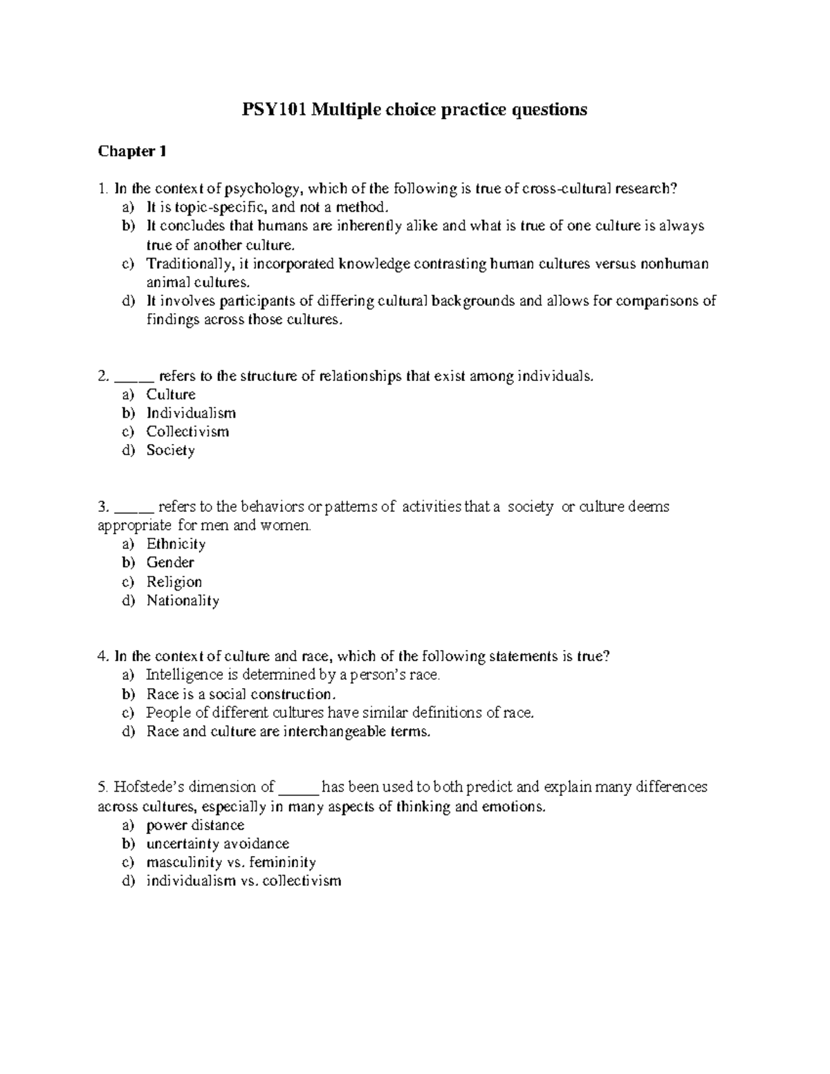 Sample/practice exam 13 June 2019, questions - PSY101 Multiple choice ...