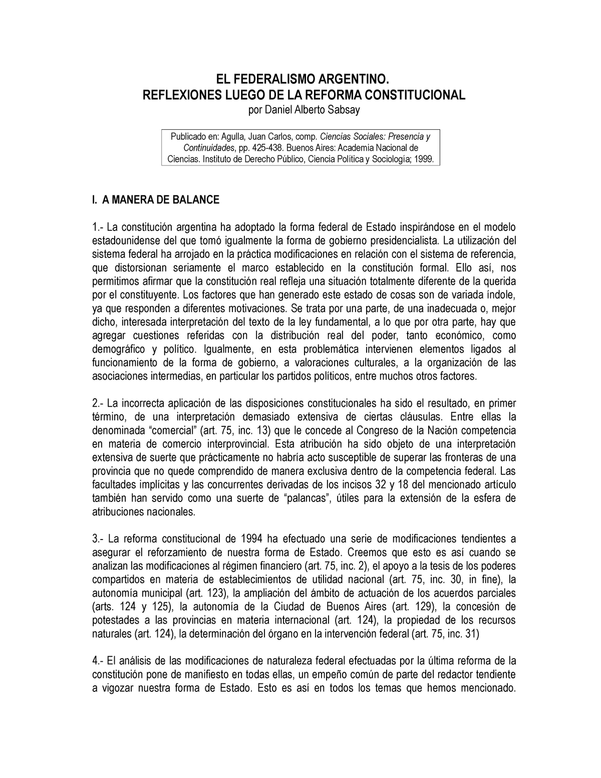 Sistema Federal Argentino - EL FEDERALISMO ARGENTINO. REFLEXIONES LUEGO ...