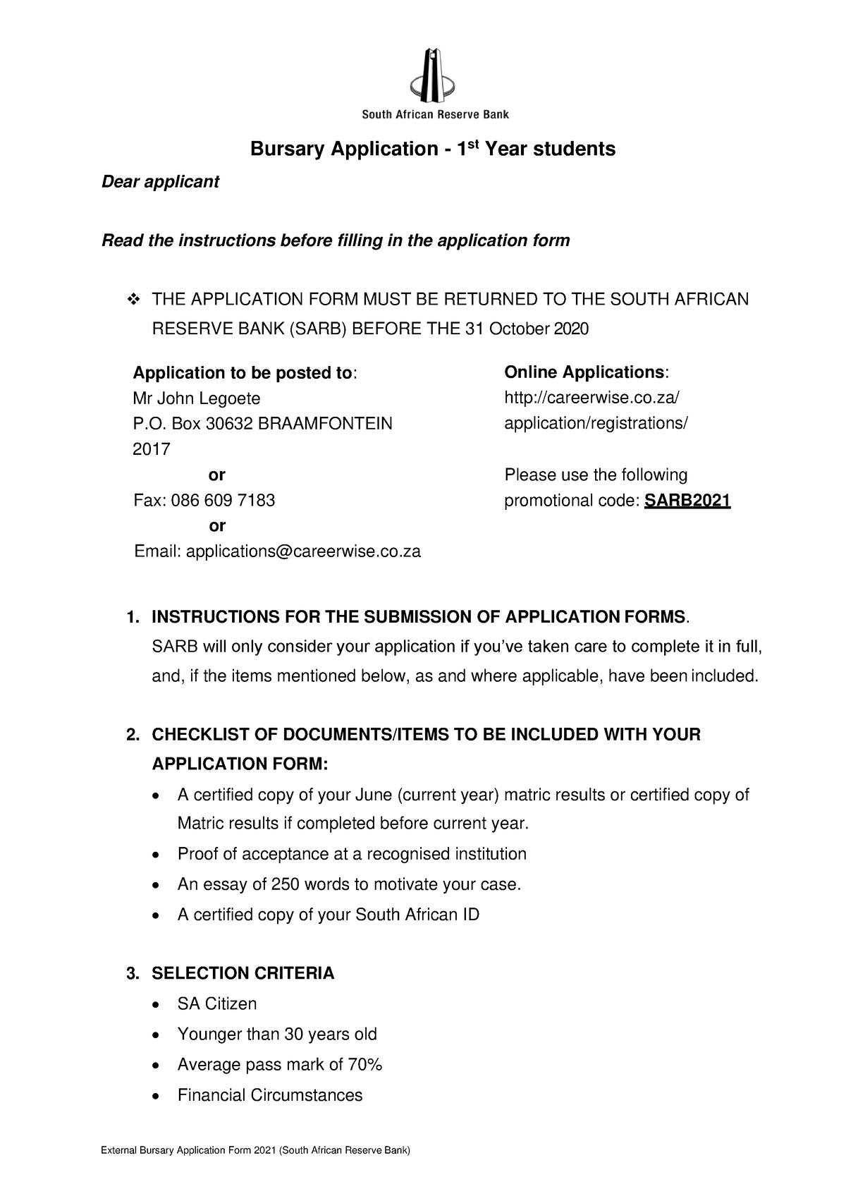 SARB External Bursary Application Form 2021 - Dear Applicant Bursary ...