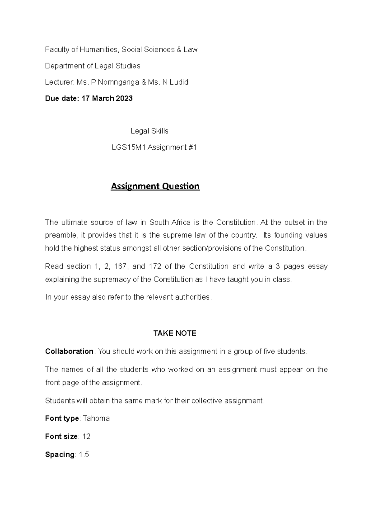 Group assignment 2023 - law - Faculty of Humanities, Social Sciences ...