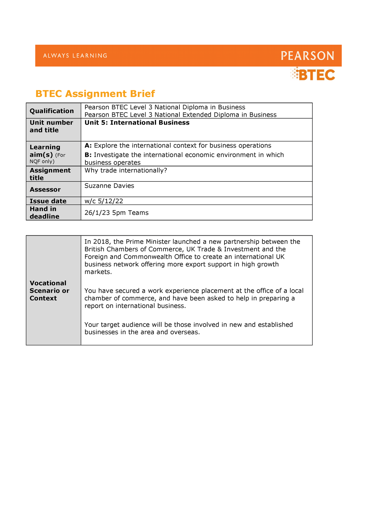 pearson authorised assignment briefs