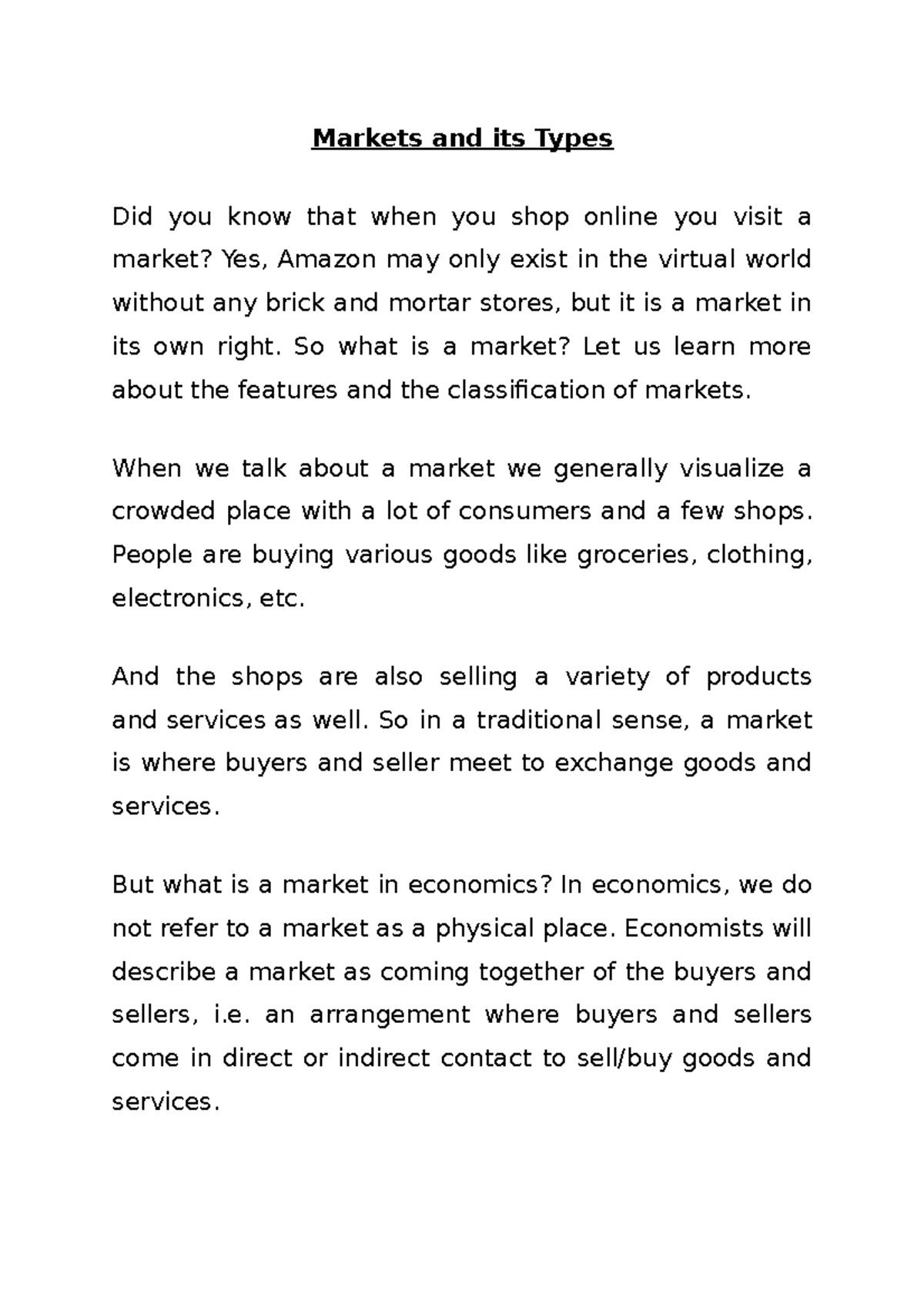 Markets and its Types - Lecture Notes Given By the Tutor - Markets and ...