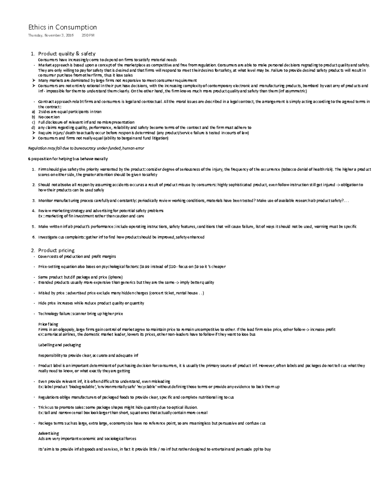 Ethics in Consumption - Lecture note - 1 quality & safety Consumers ...
