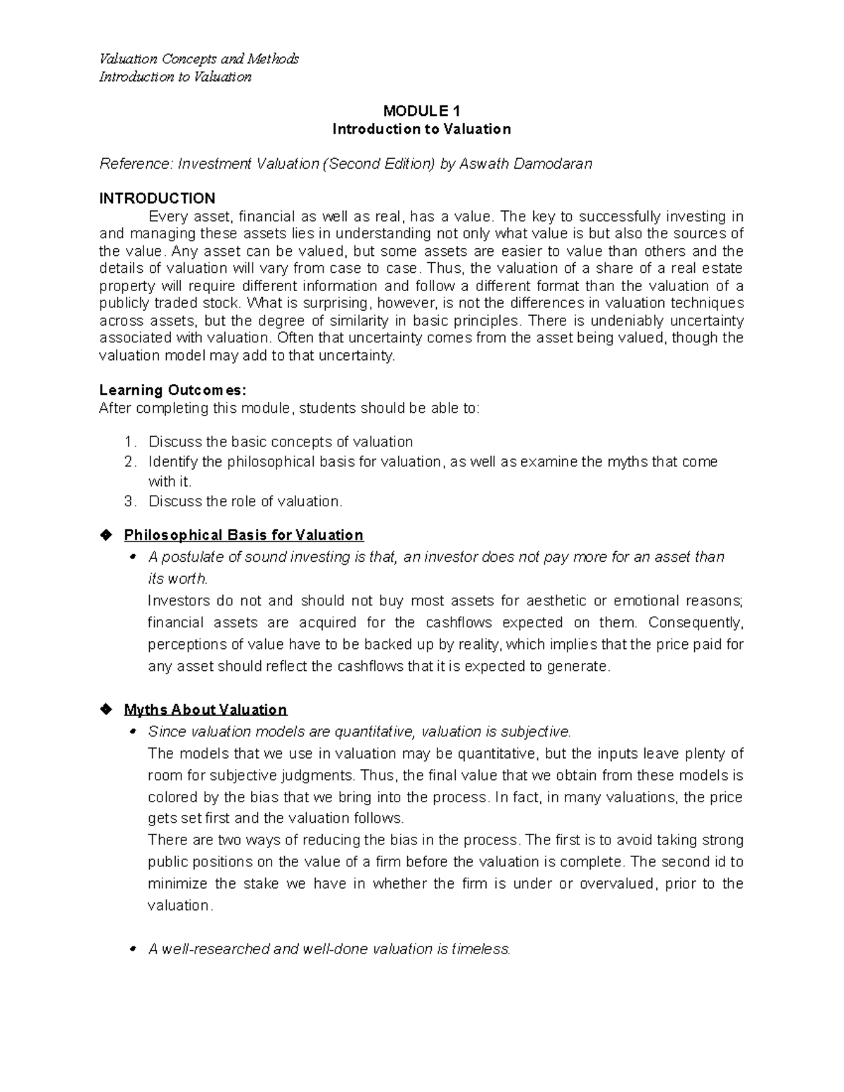 Module 1 Introduction To Valuation Introduction To Valuation Module Module 1 Introduction To Valuation Introduction To Valuation Module