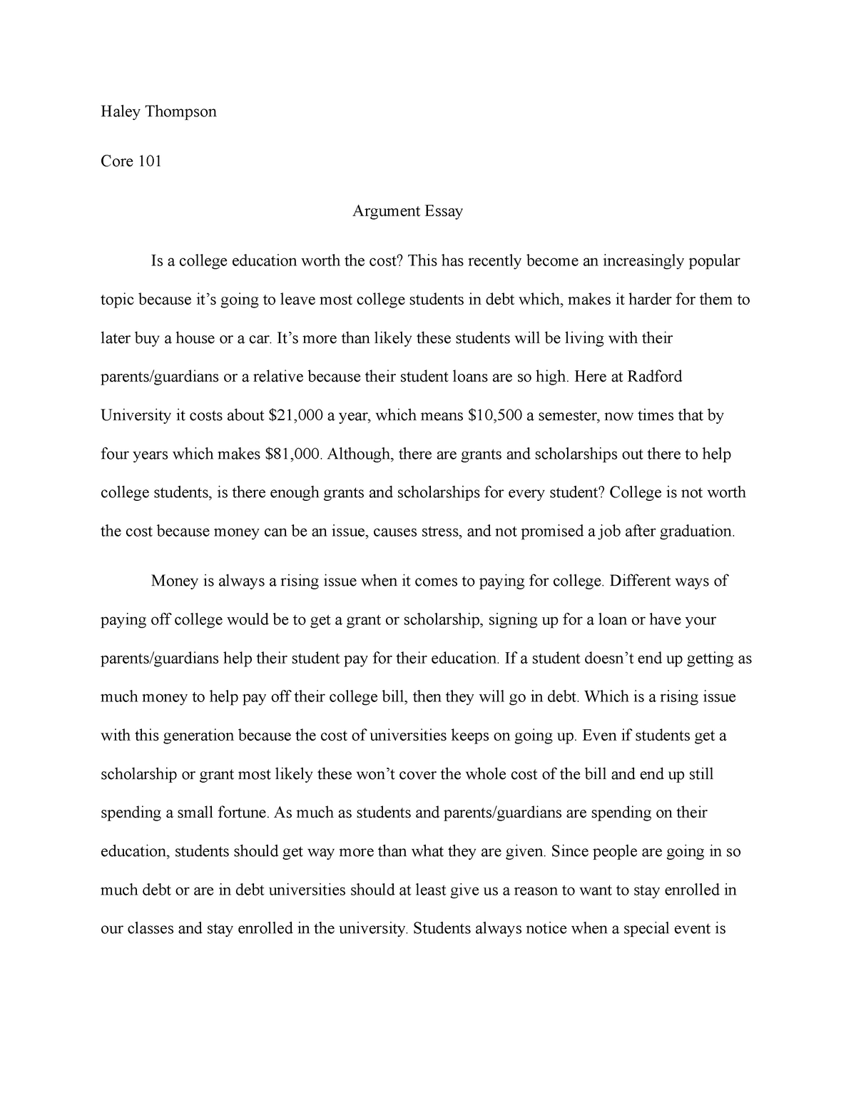 essay about the cost of college