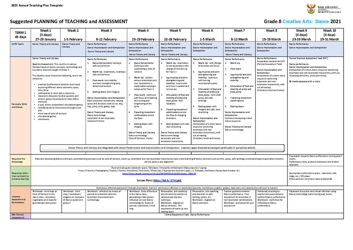 2021 Creative Arts Dance ATP Gr 8 Term 1-4 - Suggested PLANNING of ...