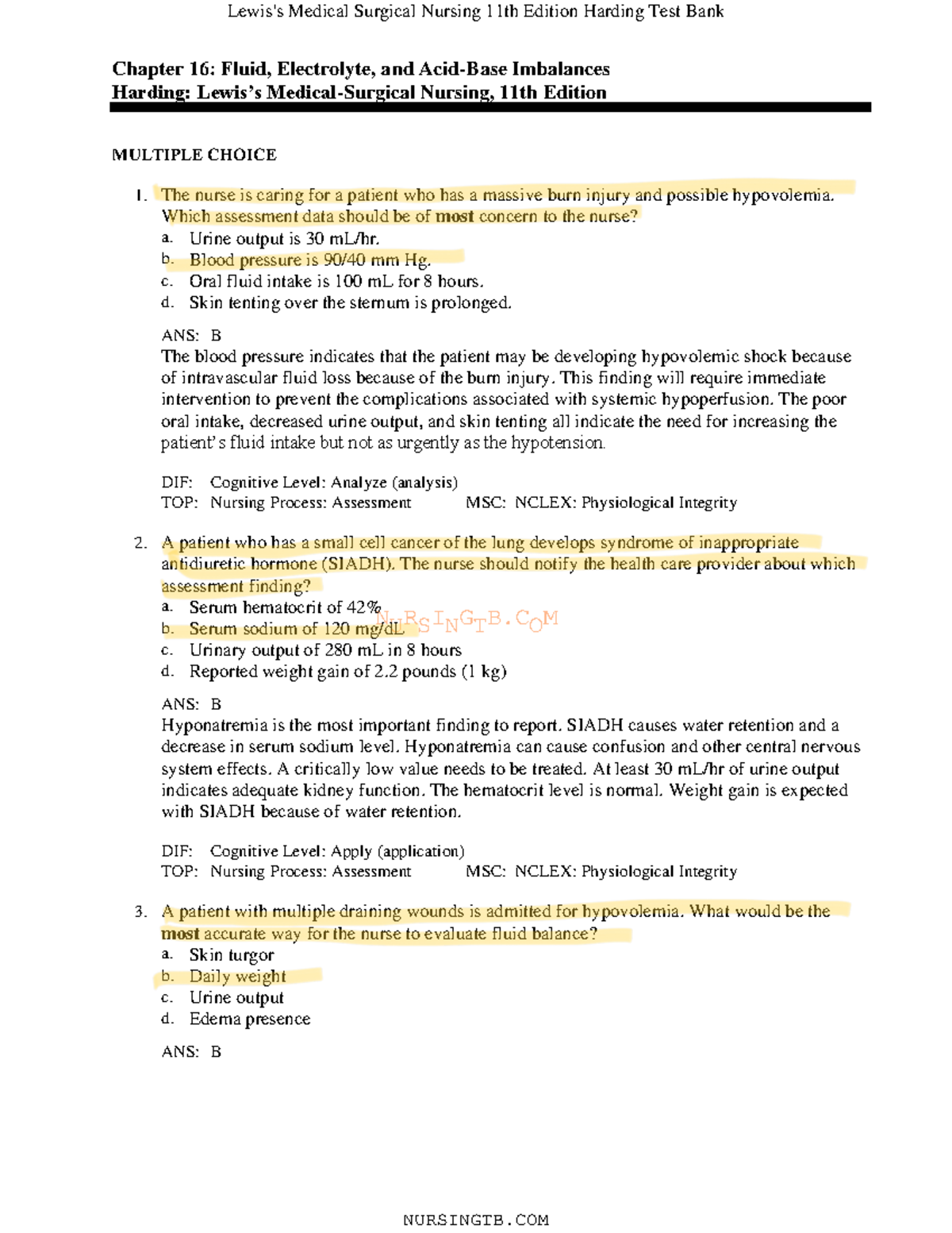 16 - N/a - NURSINGTB Chapter 16: Fluid, Electrolyte, and Acid-Base ...