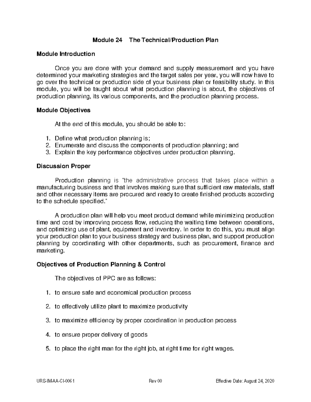 production and technical plan in business plan example