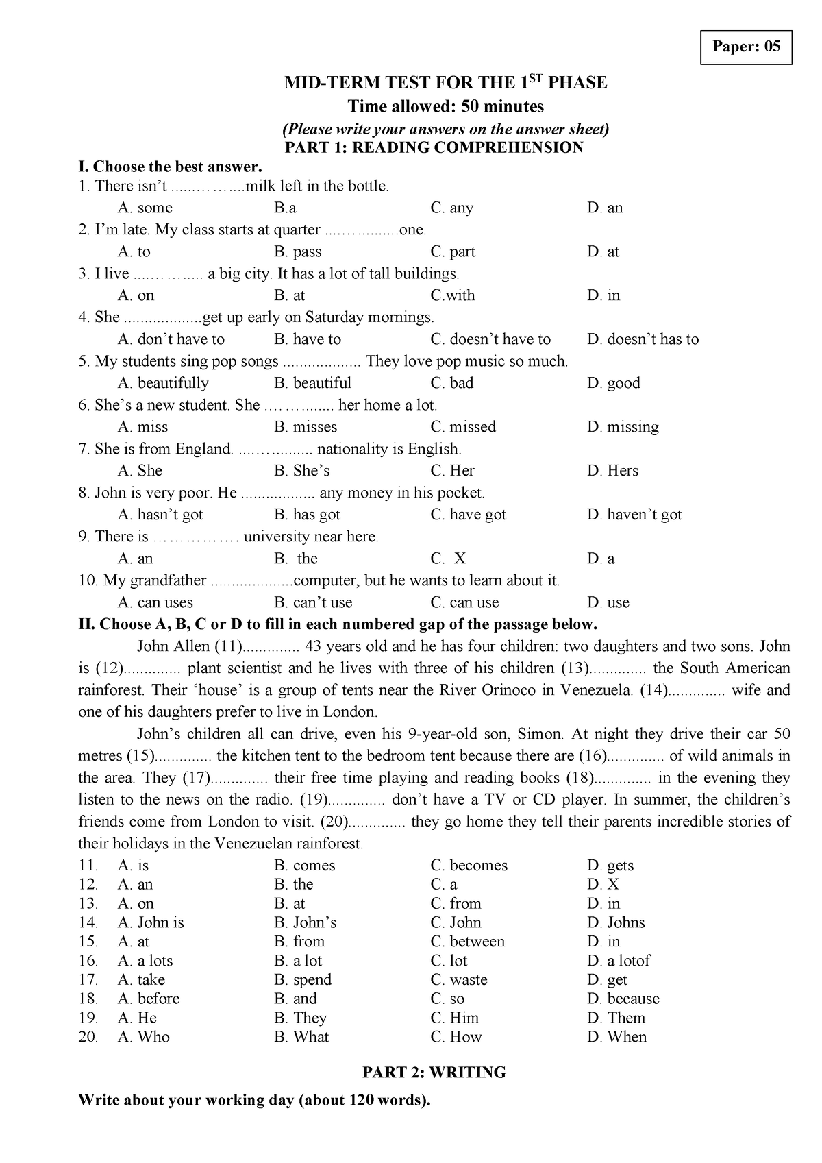 GK-HP1 KNTH1 language - PART 1: READING COMPREHENSION I. Choose the ...