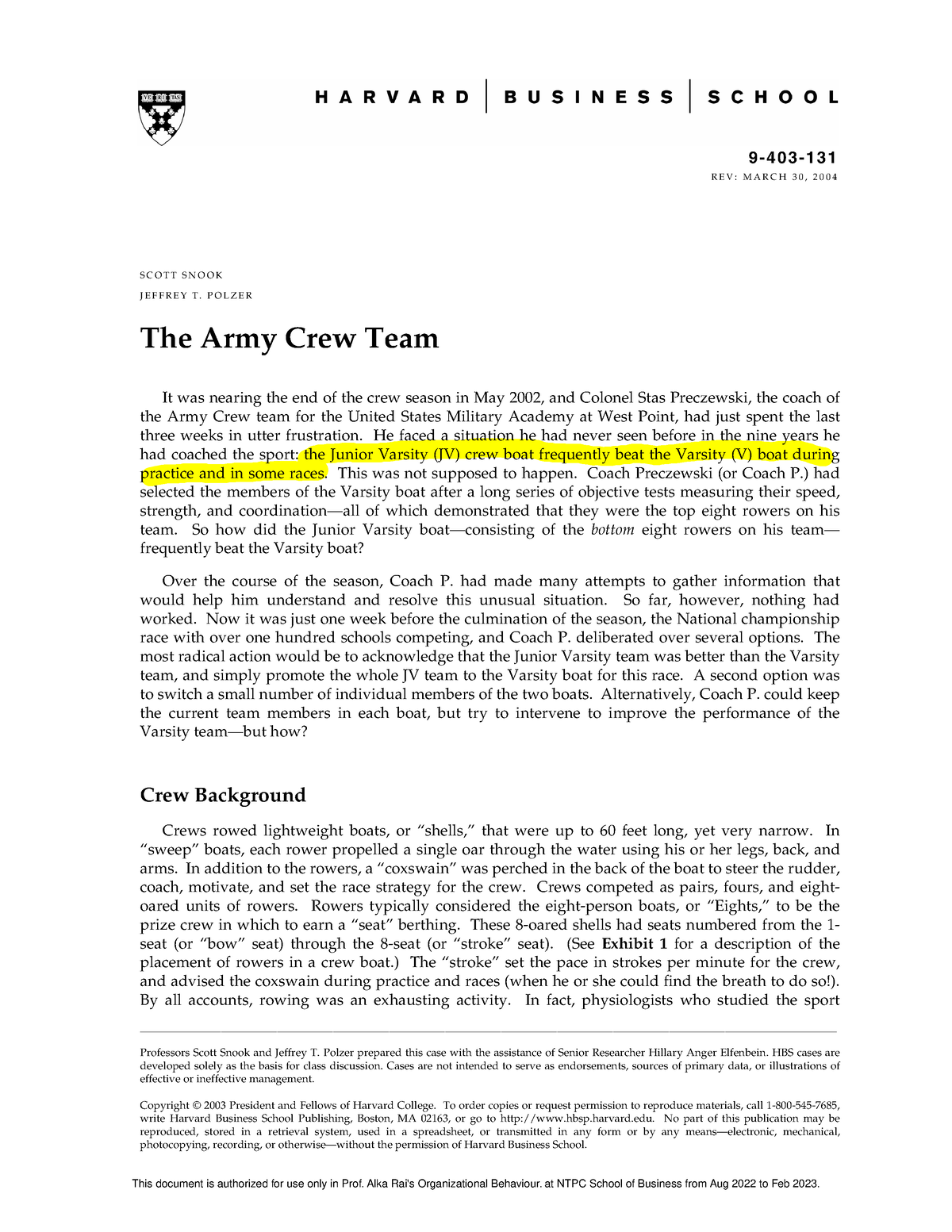 the army crew team harvard business school