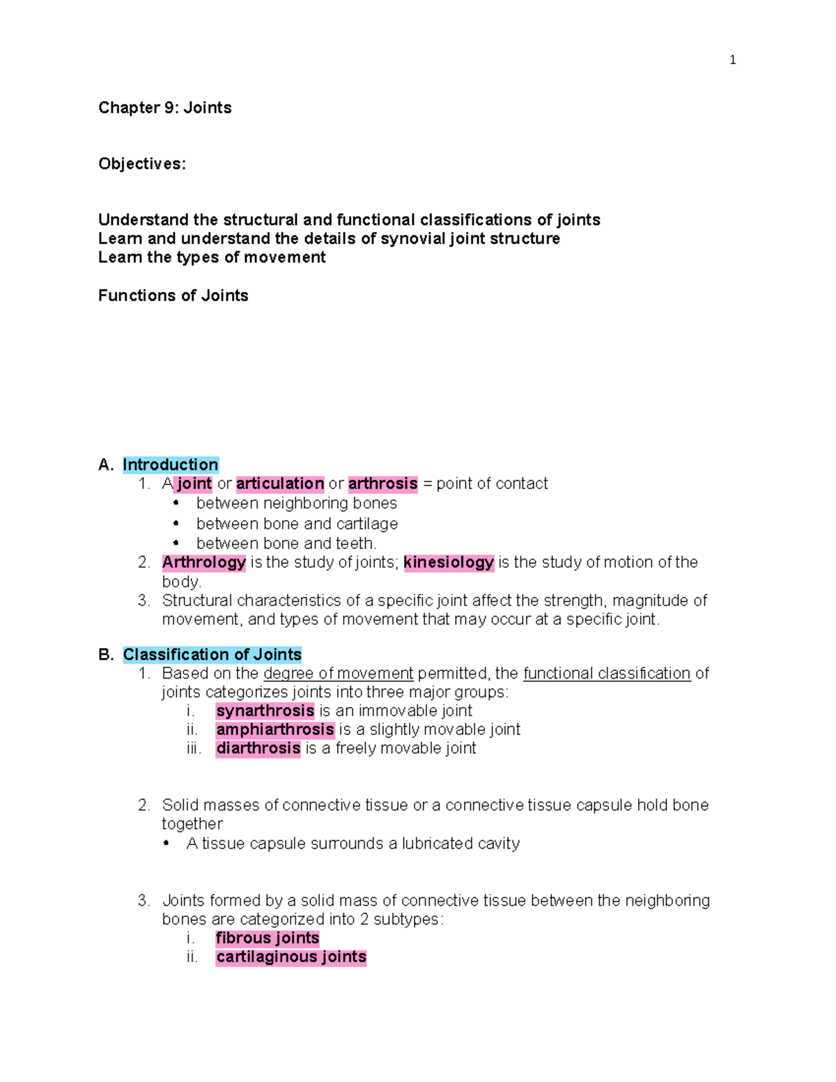 Chapter 9 Study Guide - joints - Chapter 9: Joints Objectives ...