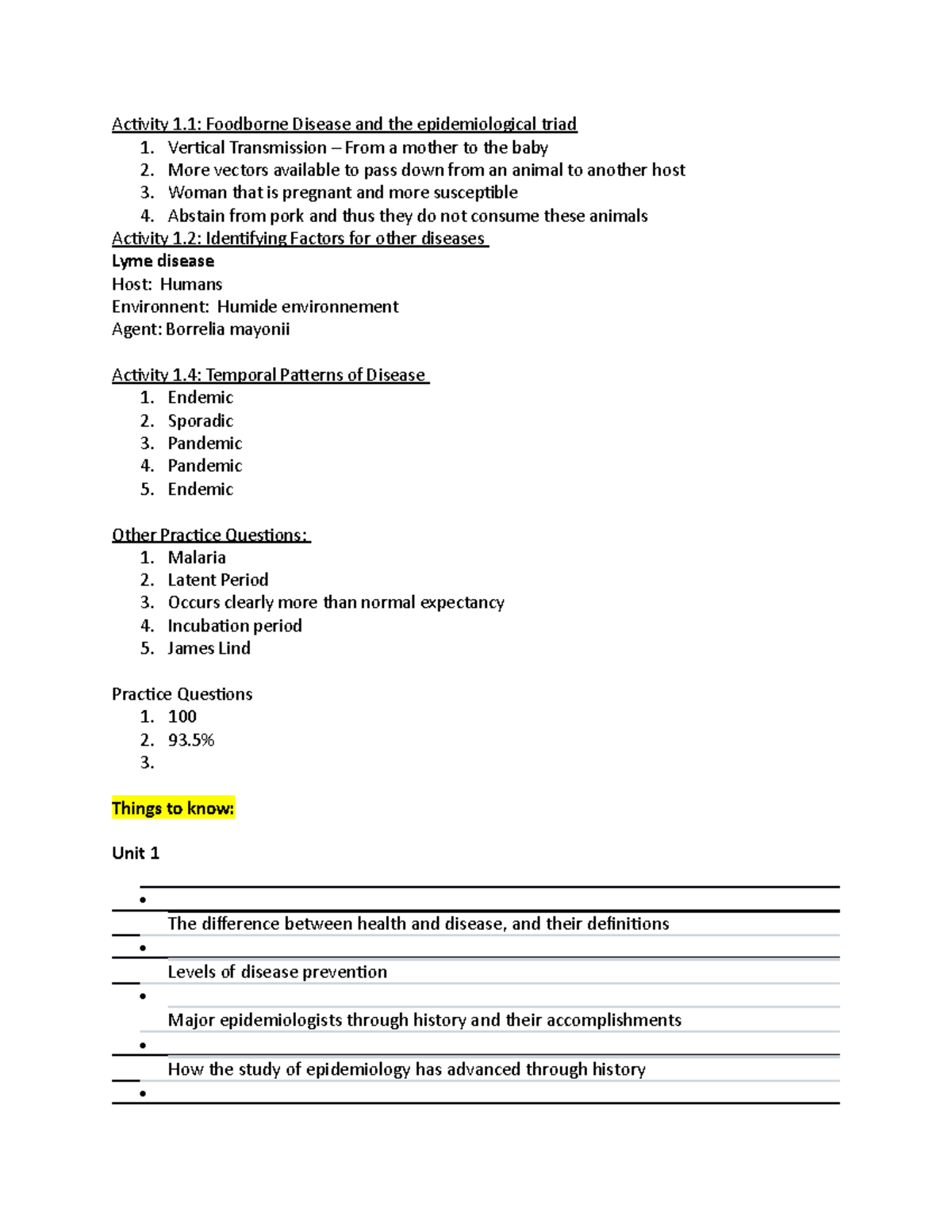 Epidemiology Questions and Unit Activity 1 Foodborne