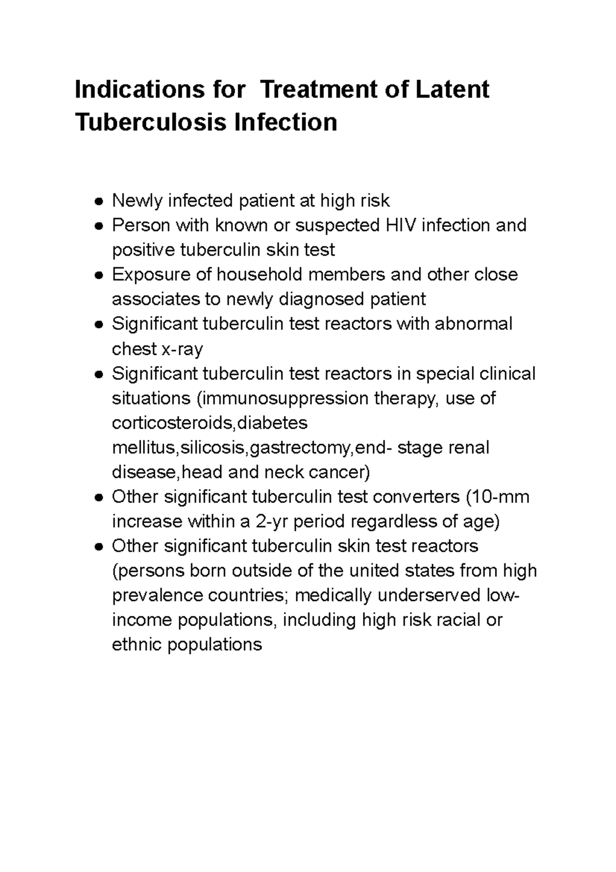 Indications for Treatment of Latent Tuberculosis Infection Studocu