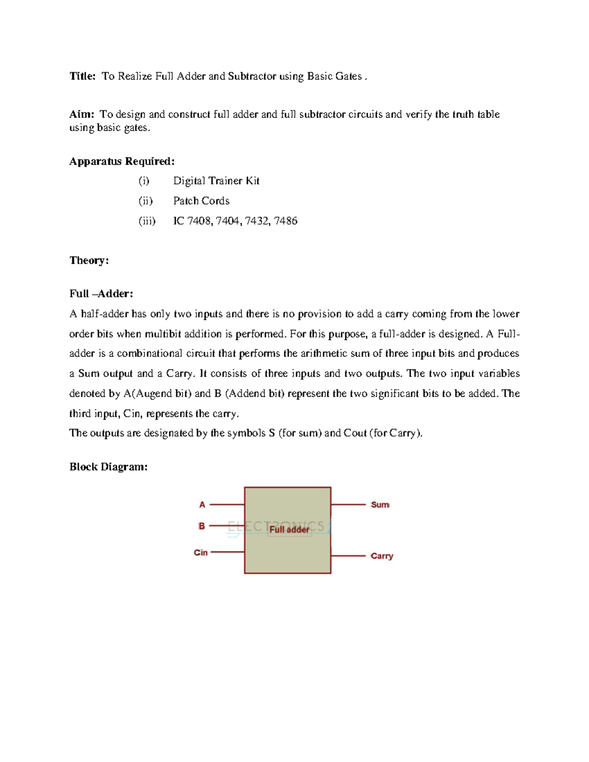 1 - ebfibiu - Title: To Realize Full Adder and Subtractor using Basic ...