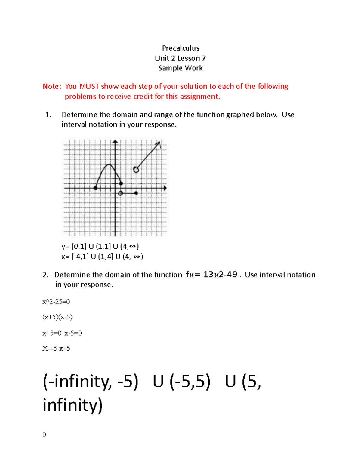 Sample Work Precalc - Precalculus Unit 2 Lesson 7 Sample Work Note: You ...