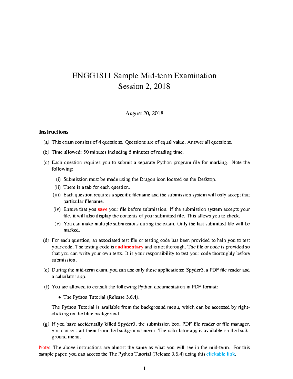 Midterm Exam 29 August 2018, Questions - ENGG1811 Sample Examination ...