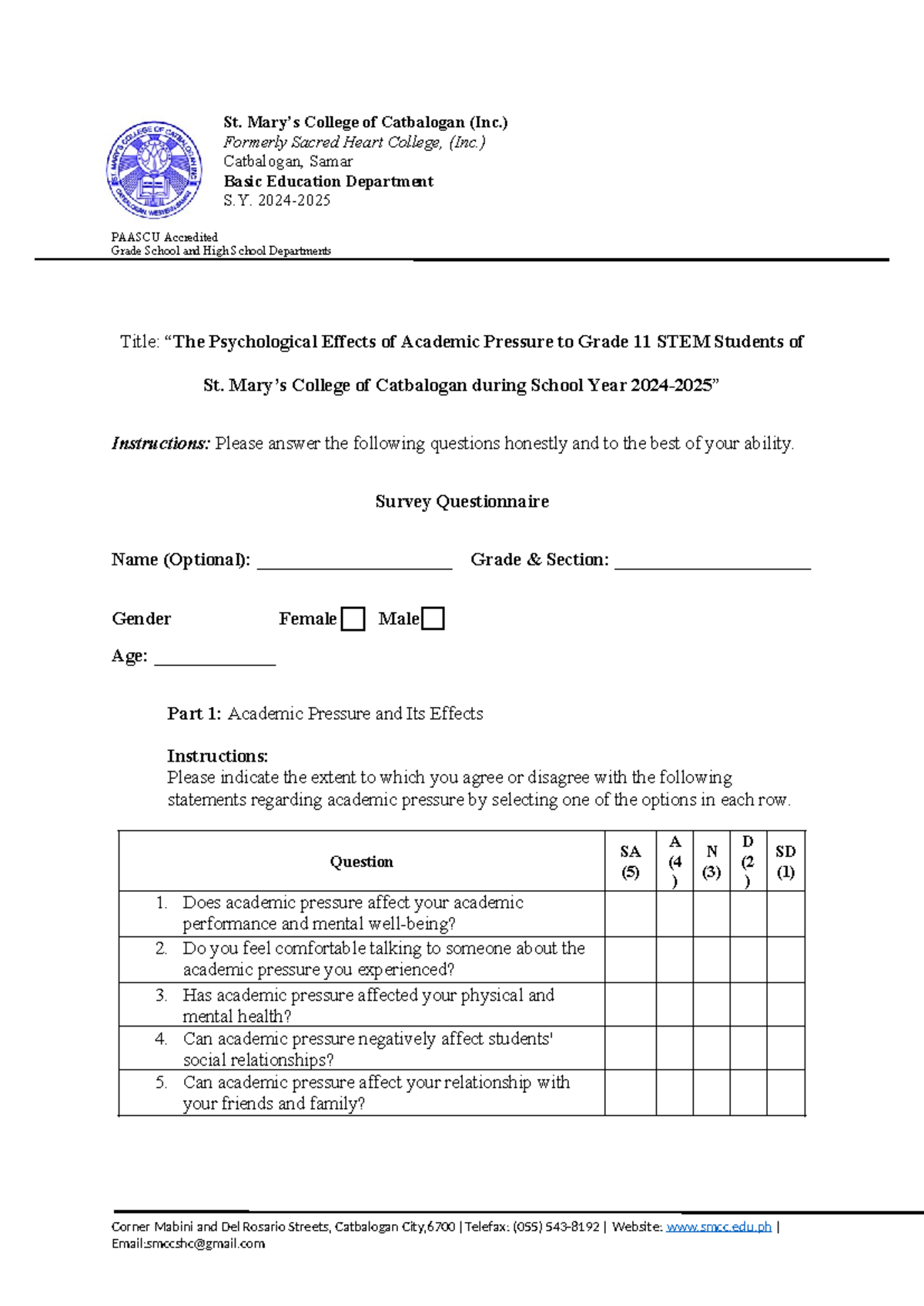 Questionnaire PR2 - SAFAD - St. Mary’s College of Catbalogan (Inc ...