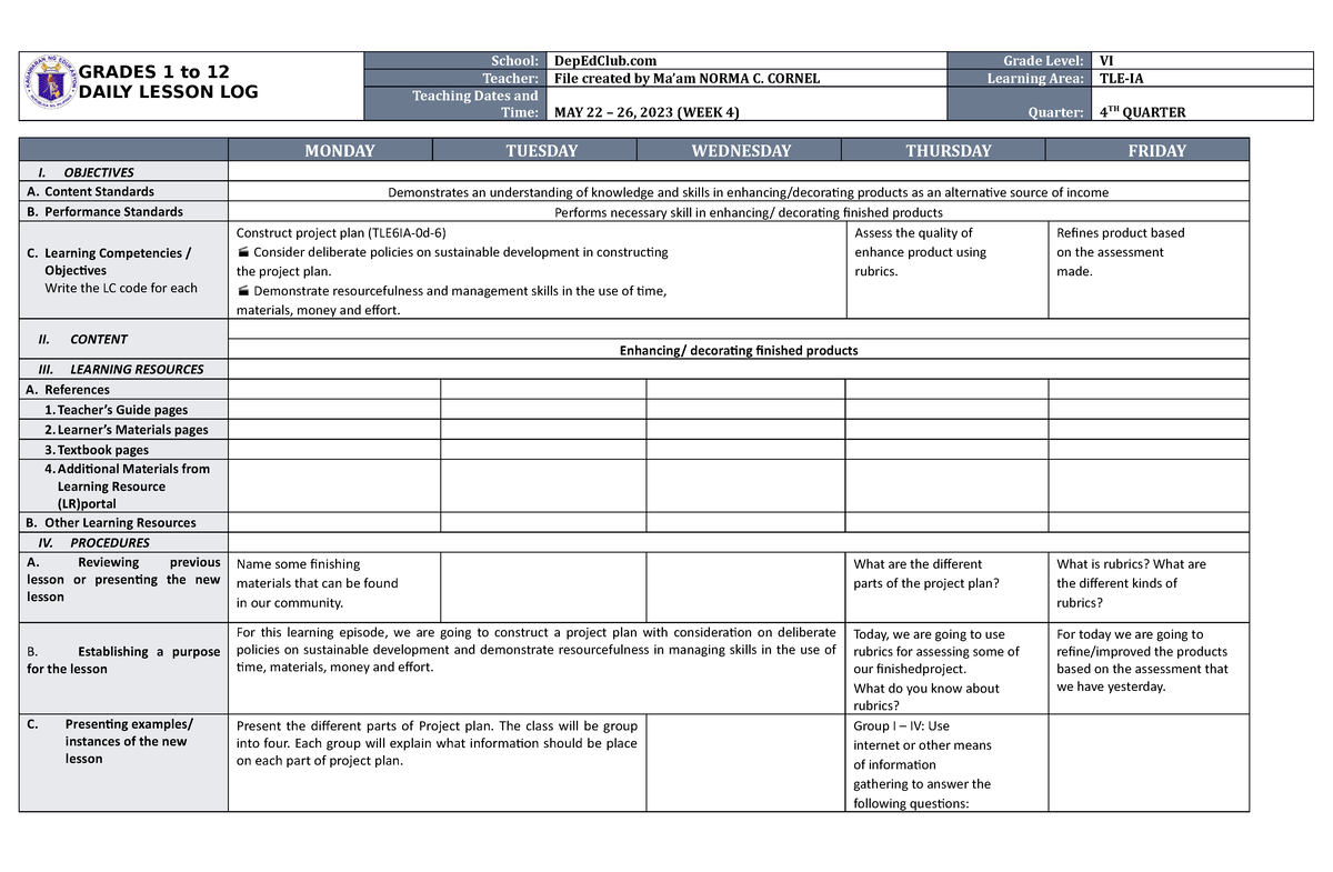 DLL TLE 6 Q4 W4 - detailed lesson plan in science - GRADES 1 to 12 ...