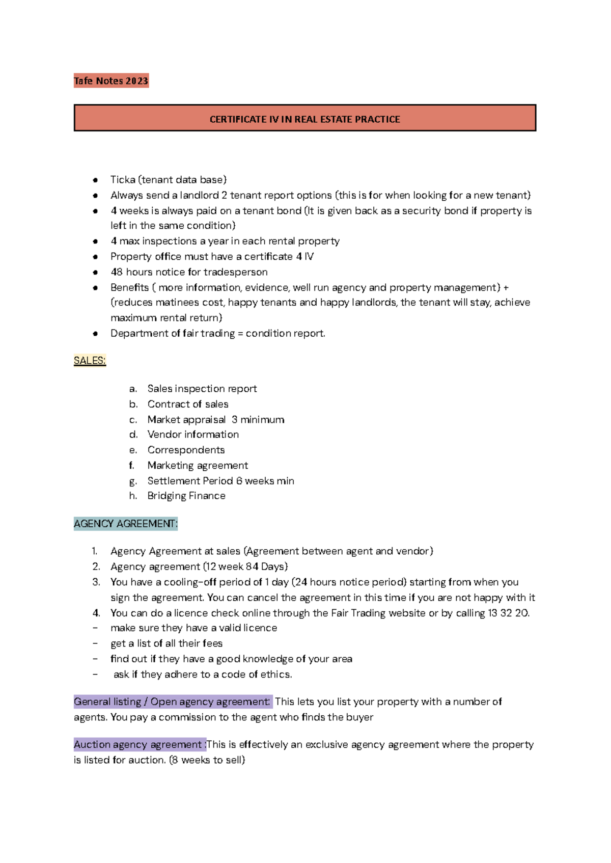 Certificate IV IN REAL Estate Practice - Tafe Notes 2023 CERTIFICATE IV ...