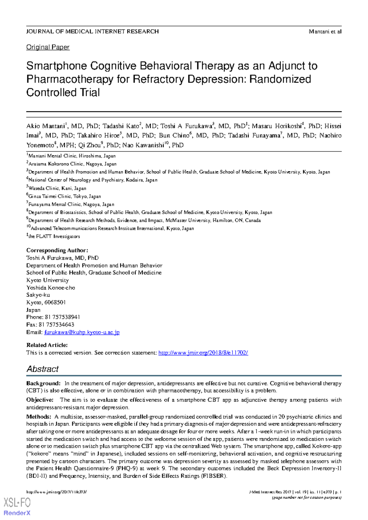 (Mantani et al. 2017 ) Smartphone CBT for Depression - Original Paper ...