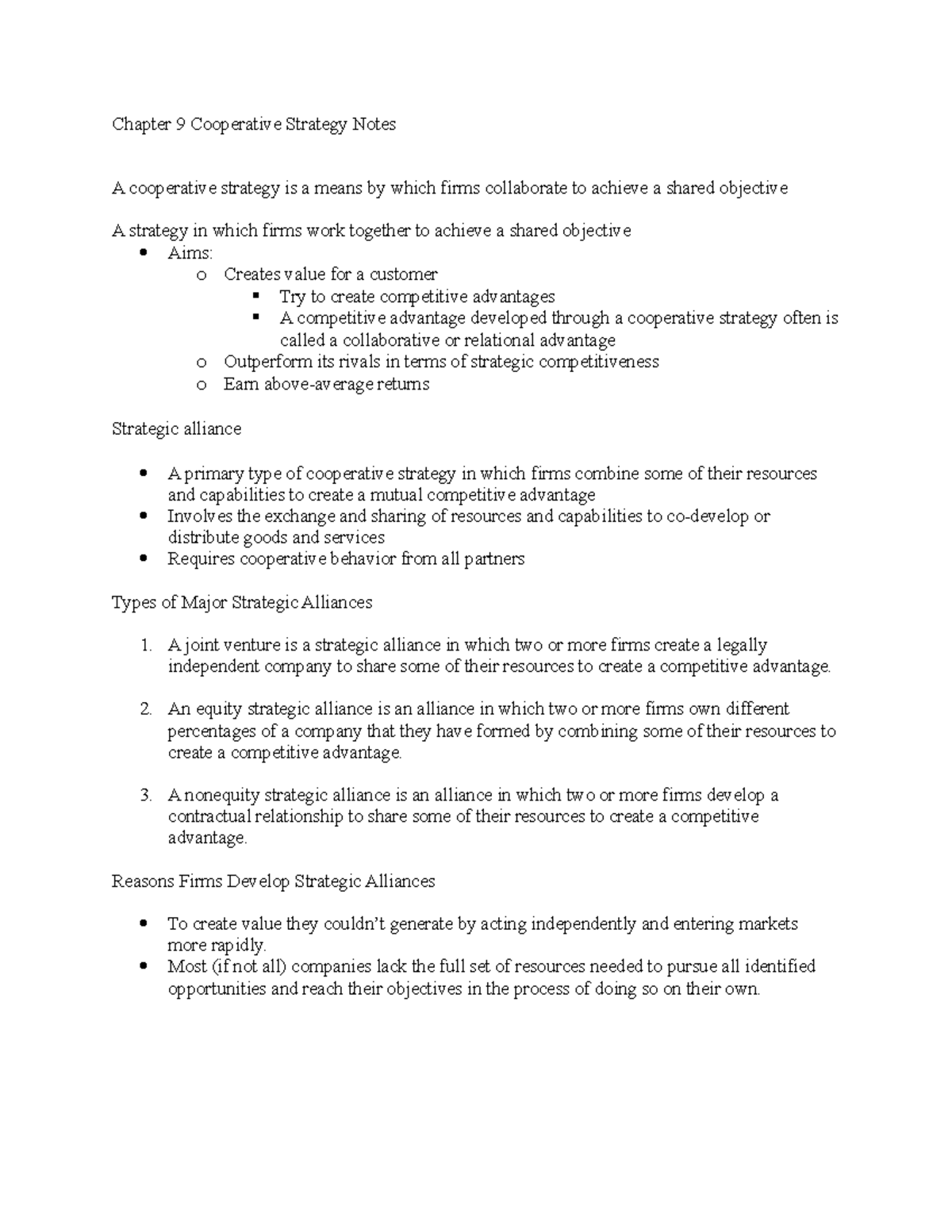 Chapter 9 Cooperative Strategy Notes - An Equity Strategic Alliance Is ...