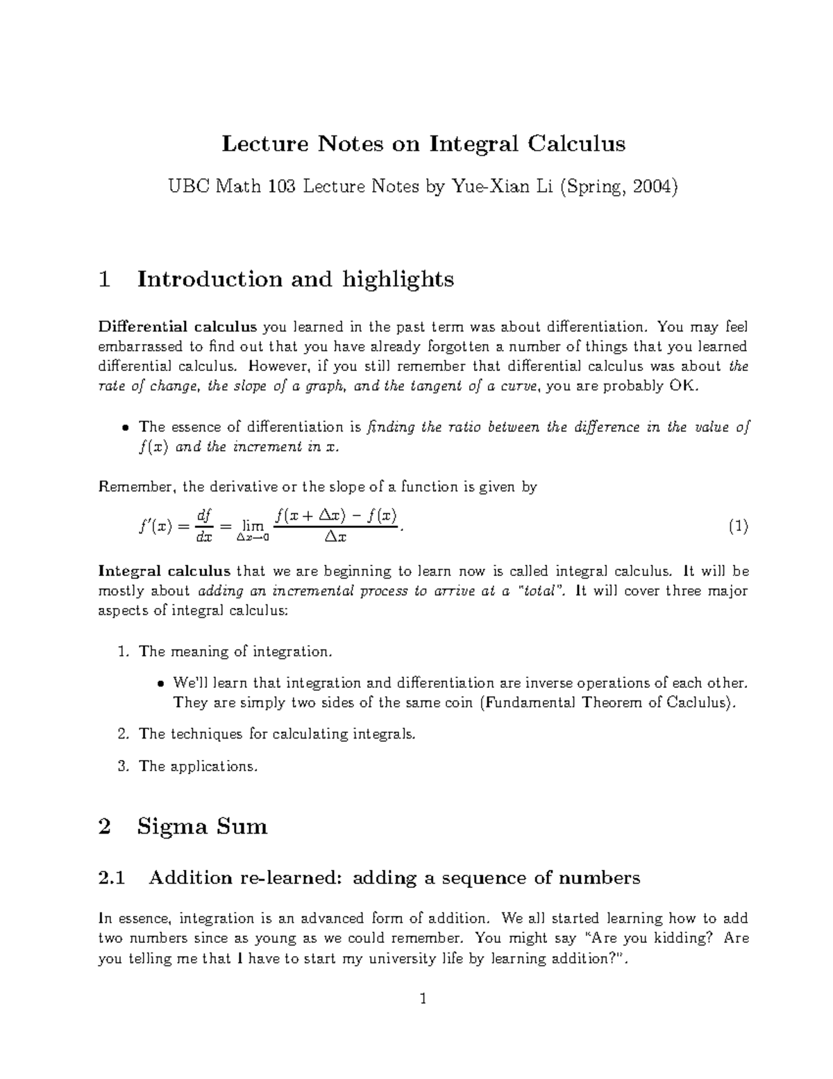 1st Year Integral calculus - Lecture Notes on Integral Calculus UBC ...