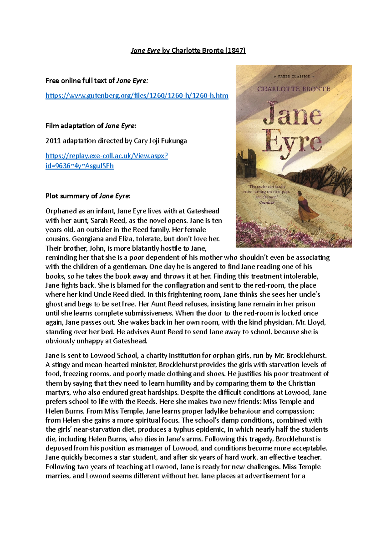 Jane Eyre overview Jane Eyre Jane Eyre by Charlotte Bronte (1847
