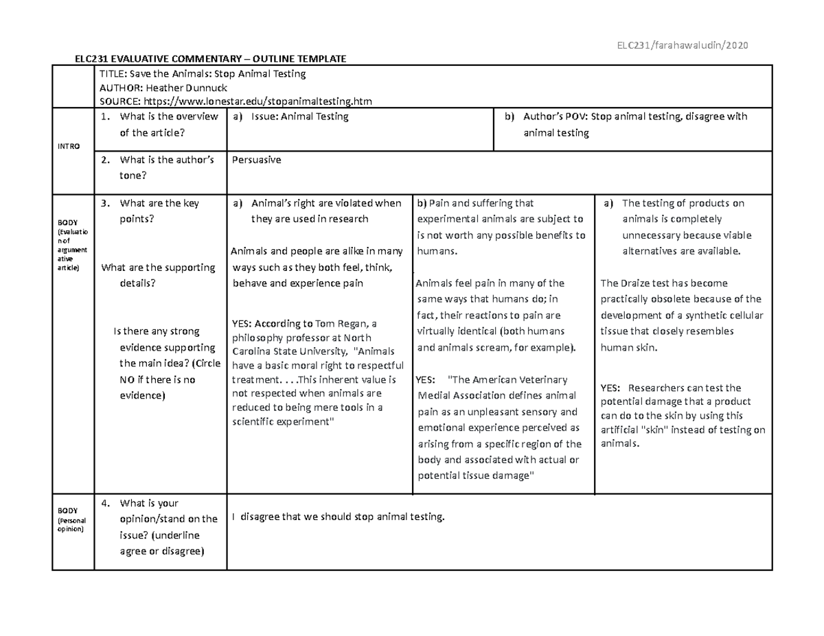 Evaluative Commentary - Outline Template - ELC231 EVALUATIVE COMMENTARY ...