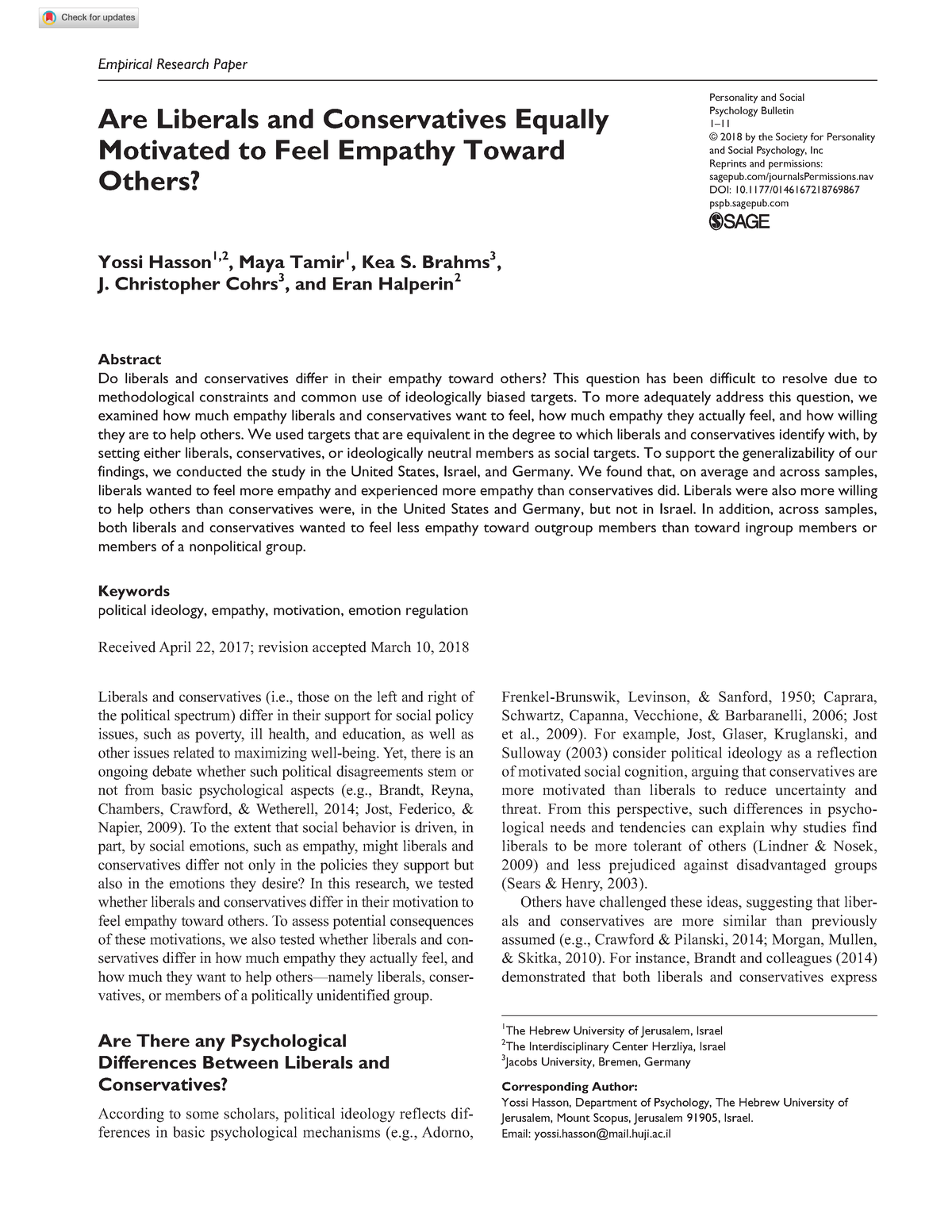 Are Liberals And Conservatives Equally - Doi/10.1177/ Personality And ...