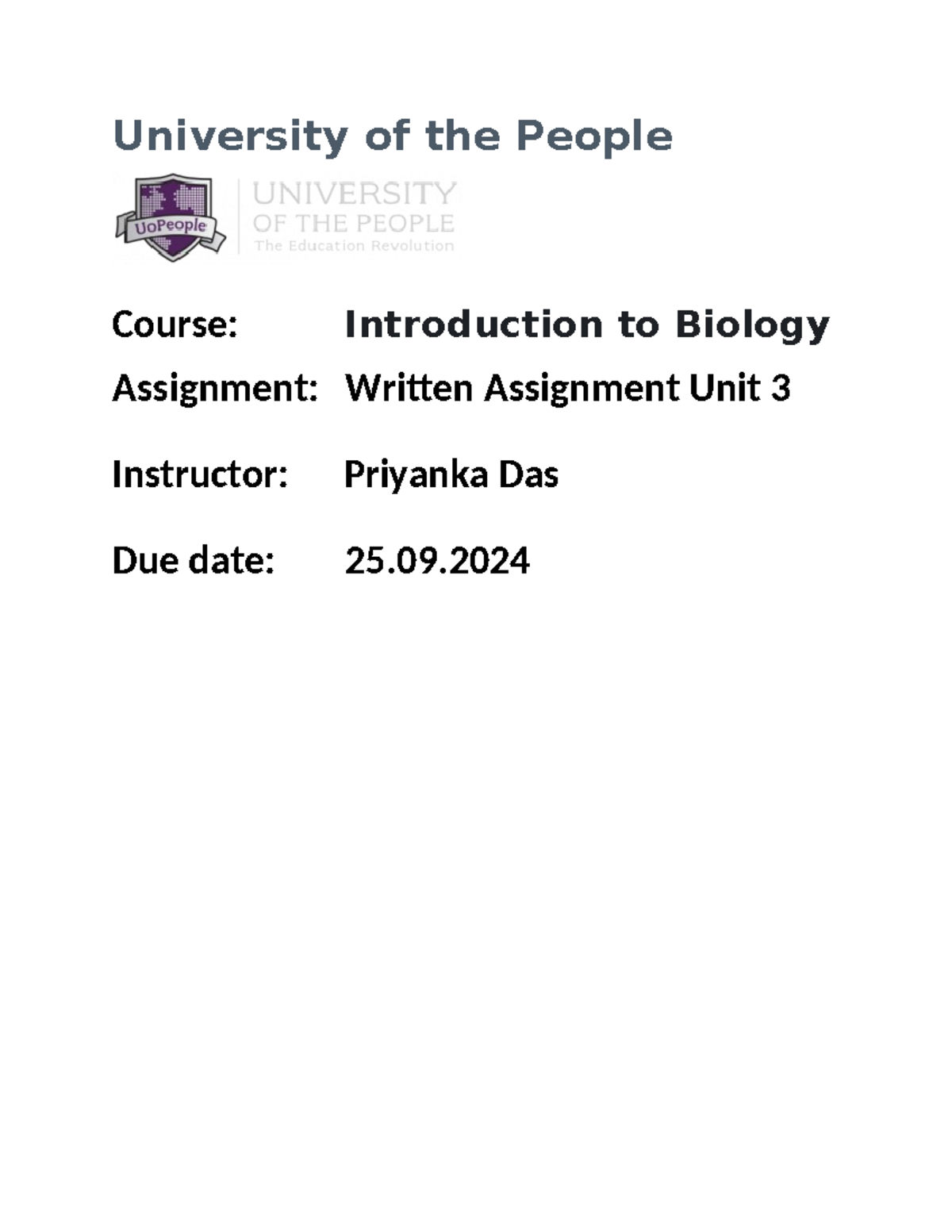 Intro Biology - Written Assignment 3 - University of the People Course ...