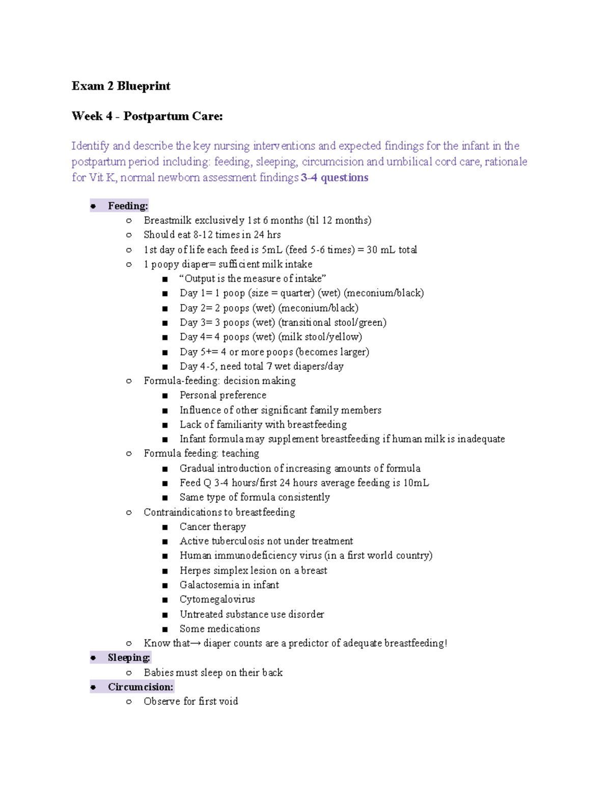 Maternity Exam 2 Blueprint Exam 2 Blueprint Week 4 Postpartum Care Identify and describe