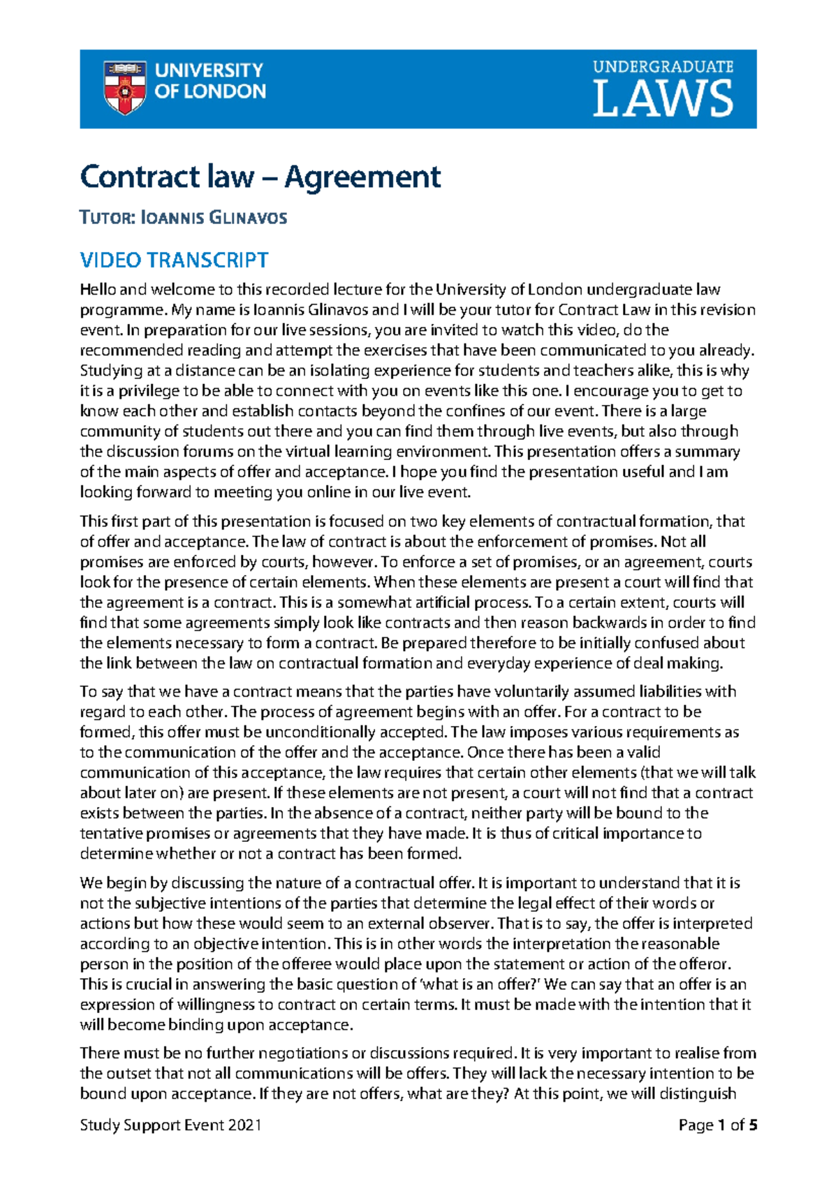 Contract Agreement - Transcript - Contract law – Agreement VIDEO ...