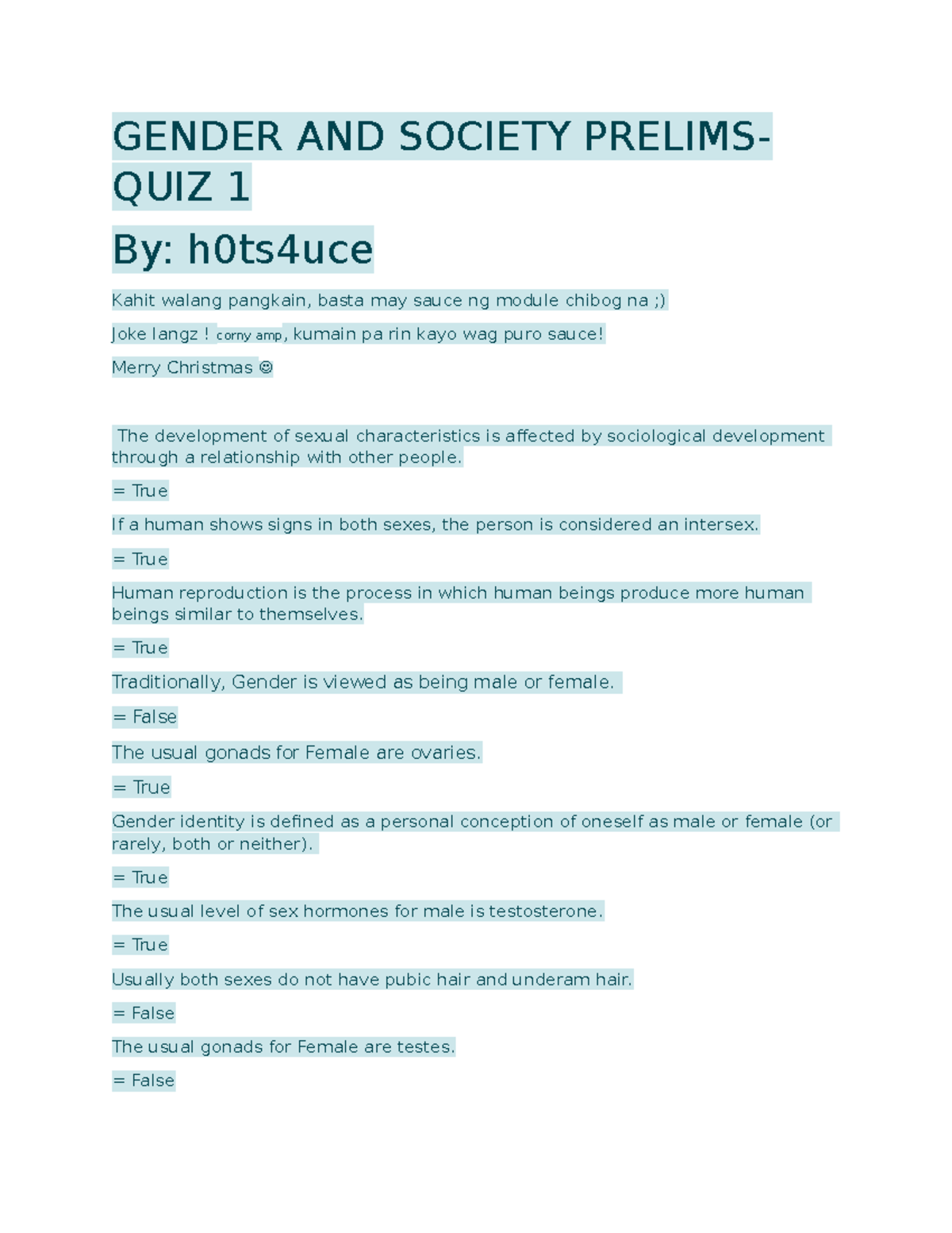 Gender and Society Quiz 1 - GENDER AND SOCIETY PRELIMS- QUIZ 1 By ...