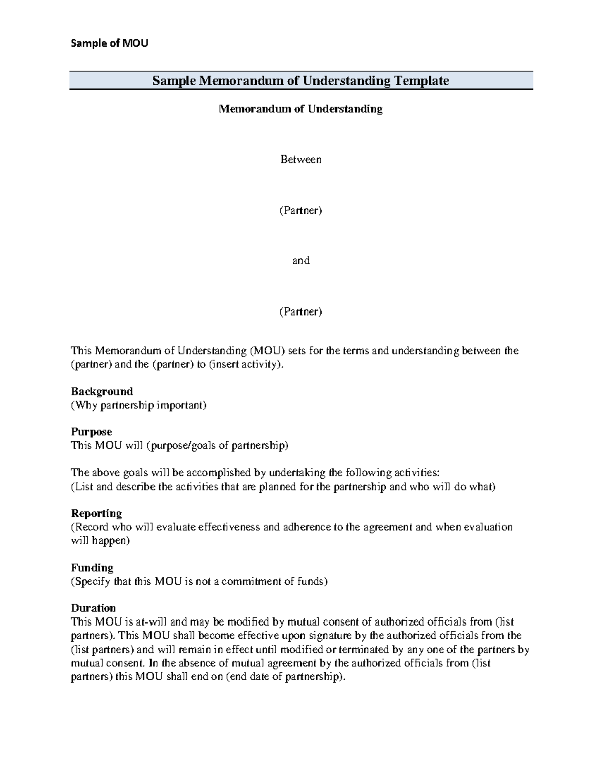 11 Sample of MOU Template - Sample of MOU Sample Memorandum of ...