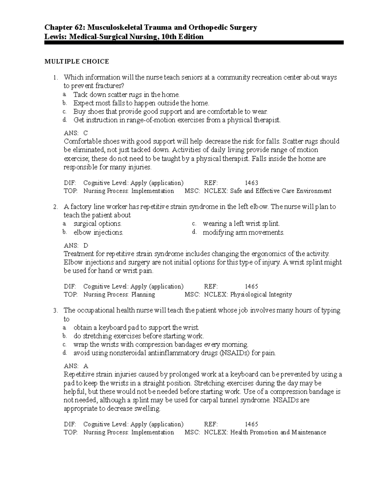 C62 - Ch 62 Test Bank - Chapter 62: Musculoskeletal Trauma And ...