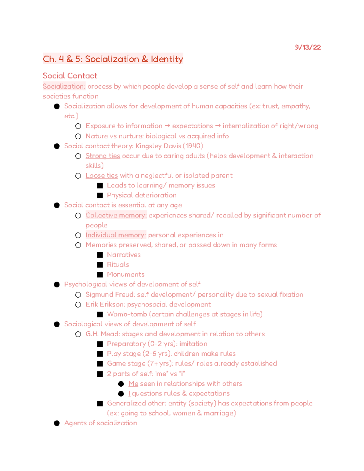 Intro To Sociology Chapter 4 And 5 - 9/13/ Ch. 4 & 5: Socialization ...